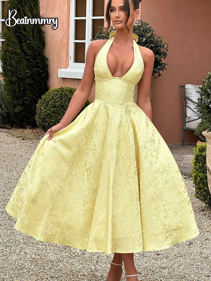 Solid Backless Lace Up A-line Dress Women Sleeveless Deep V-neck High Waist Pleated Midi Dresses Lady Evening Party Robes 2026