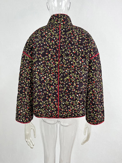 New Women's Floral/Gingham Print Lightweight Quilted Parkas Woman Long Sleeve Pockets Vintage Winter Jacket Coat Streetwear Tops