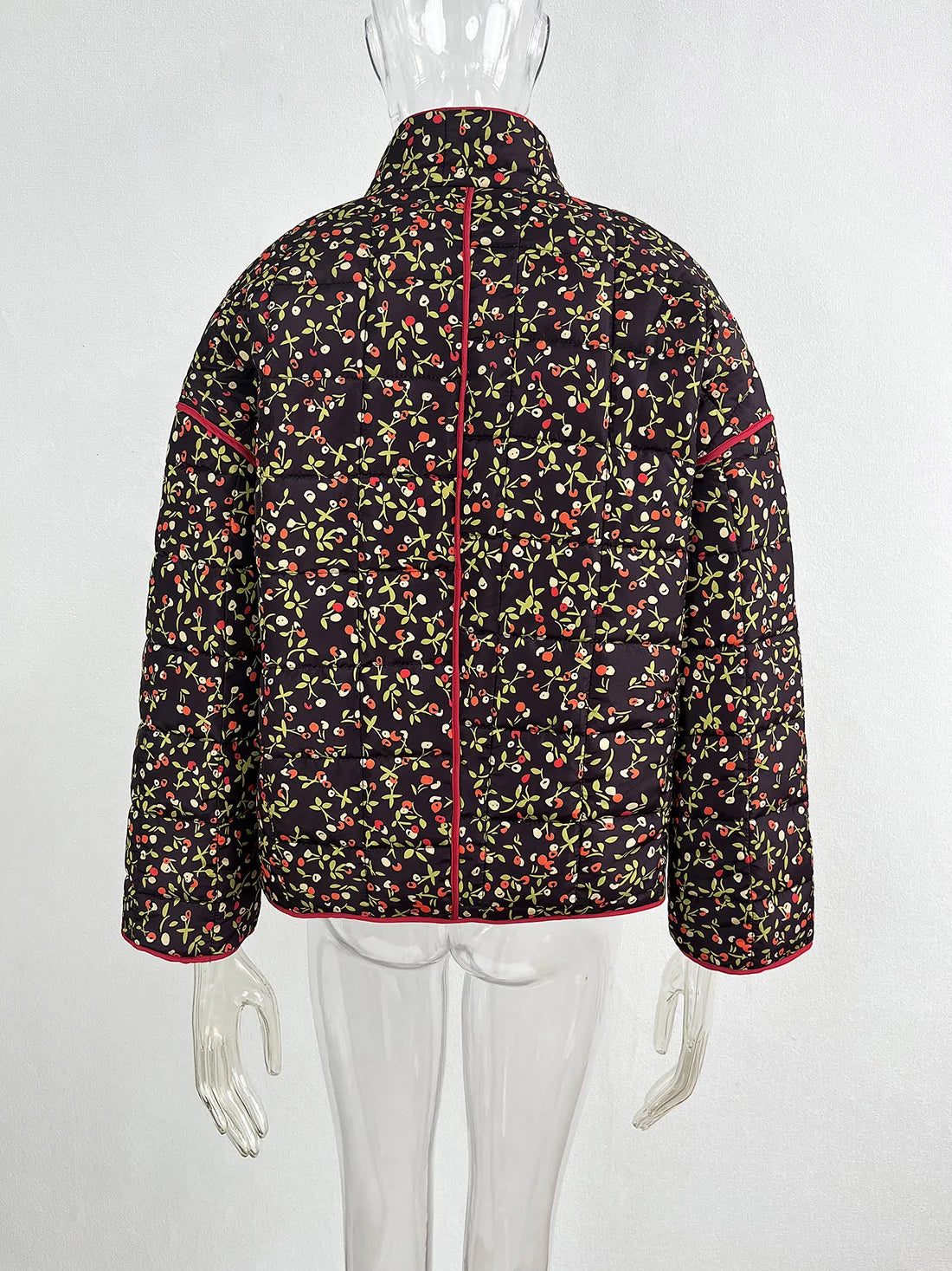 New Women's Floral/Gingham Print Lightweight Quilted Parkas Woman Long Sleeve Pockets Vintage Winter Jacket Coat Streetwear Tops