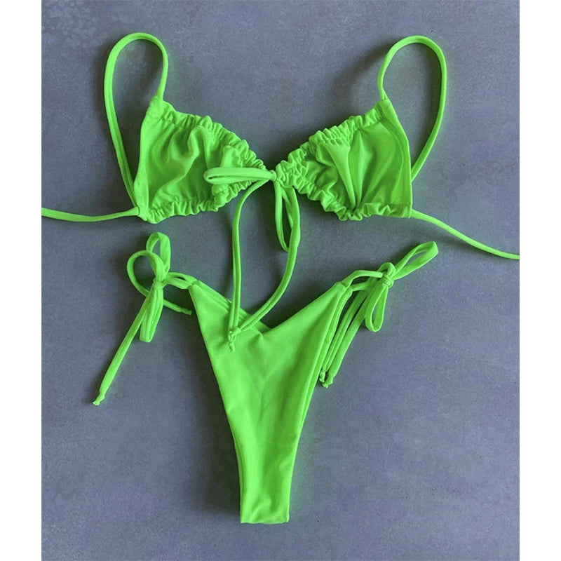 BIQIUYYI Brazilian Sexy Micro Mini Thong Bikini Set Summer Bandage Swimsuit Women Pleated Bathing Suit Beachwear Halter Biqiuni
