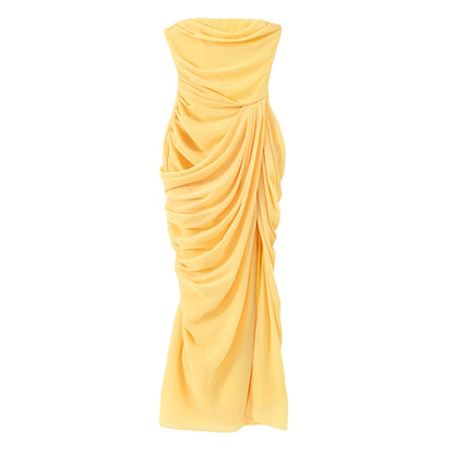 Elegant Yellow Strapless Pleated Dress Women Chic Sleeveless Waist Cinching Split Maxi Gowns Lady Evening Party Dresses 2026 New