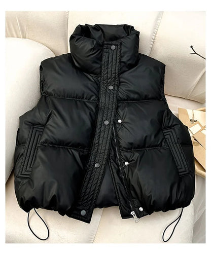 Winter Down Cotton Vest Jacket Women's 2025 New Sleevele Stand Parkas Warm Short Vest Coat Female Waistcoat Overcoat Ladies Tops
