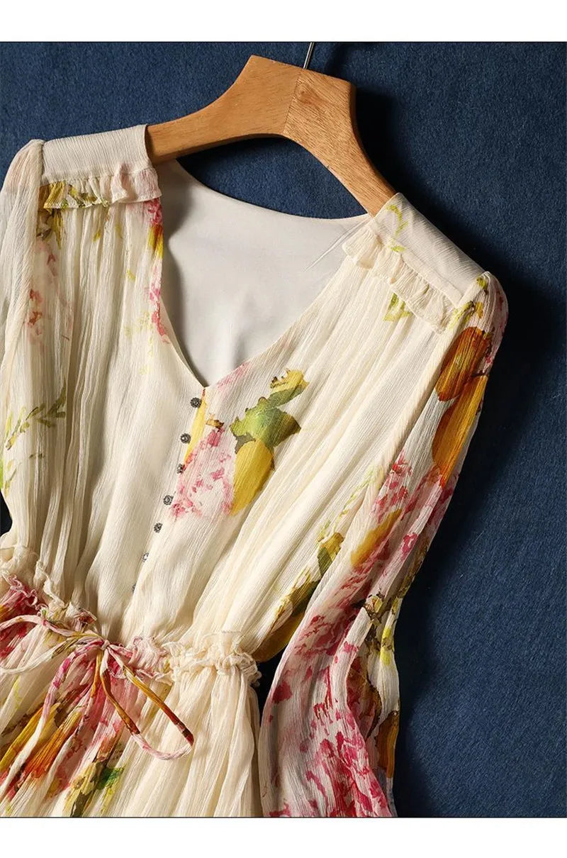 Limiguyue Summer Floral Print Silk Dresses Double Layers Ruffle Beaded Button A-Line Dress Elegant Chiffon Long Vestidos Z044
