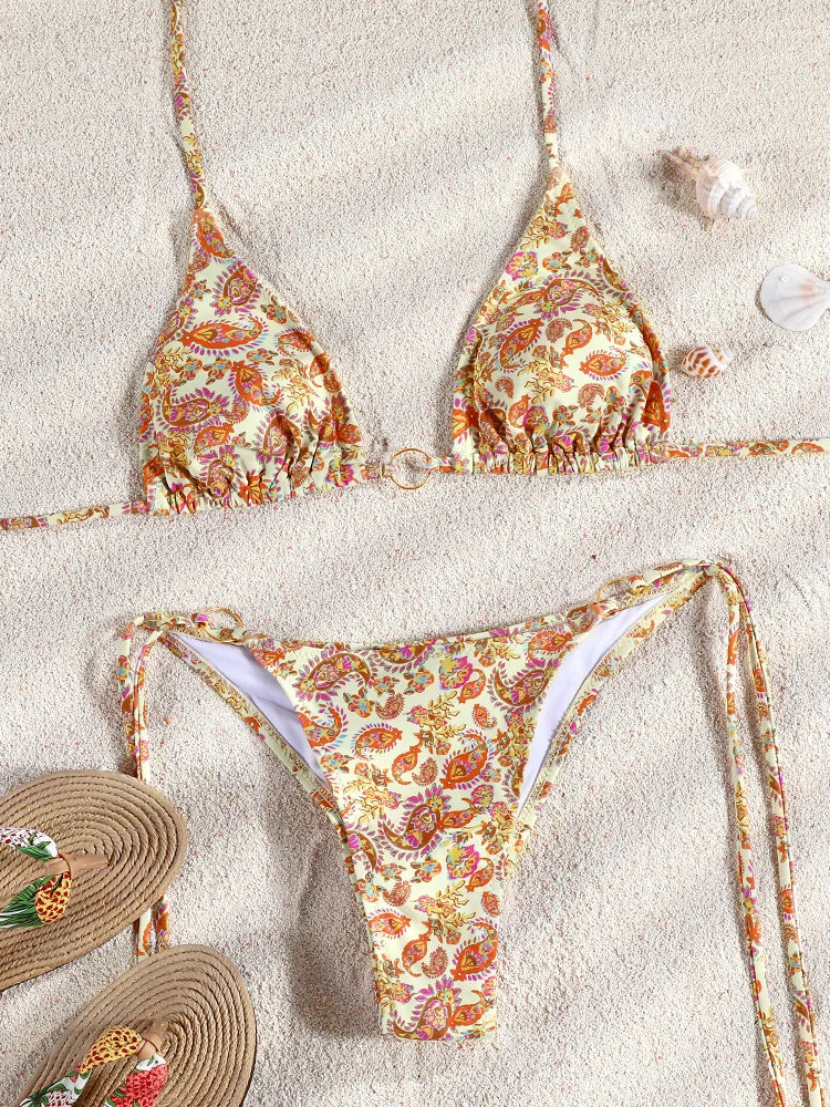 ZRTAK Micro Thongs Swimsuit Women Sexy Bikinis Bathing Suit Rings Biquini Bandage Beachwear Print Swimwear Sexy Bikini Sets