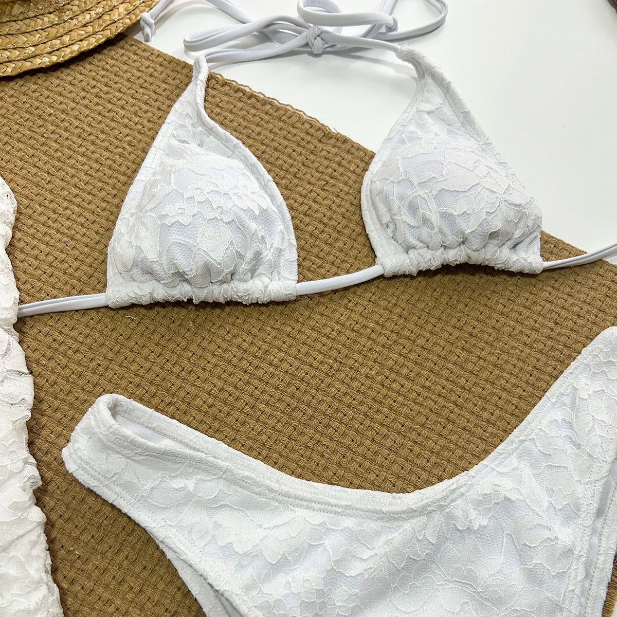 3 Pieces Bikini Set Push Up Bikini 2024 Sexy Women Swimsuit Lace Pants Female Swimwear Print Bathing Suit Beachwear Cover Ups