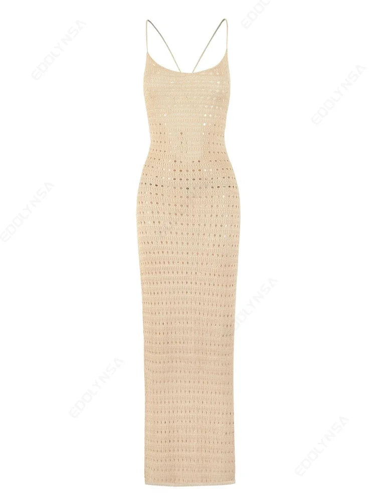 Sexy Knit Cut Out Tassel Spaghetti Strap Bodycon Beach Maxi Dress Summer Women's Holiday Club Party Outfit Swimsuit Cover Up K10