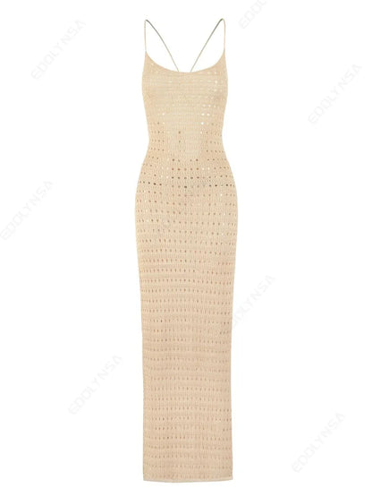 Sexy Knit Cut Out Tassel Spaghetti Strap Bodycon Beach Maxi Dress Summer Women's Holiday Club Party Outfit Swimsuit Cover Up K10