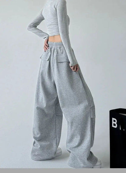 2025 New Harajuku Wide Leg Sweatpants Women Streetwear Baggy Oversize Gray Sports Pants Woman Drawstring Casual Joggers Trousers