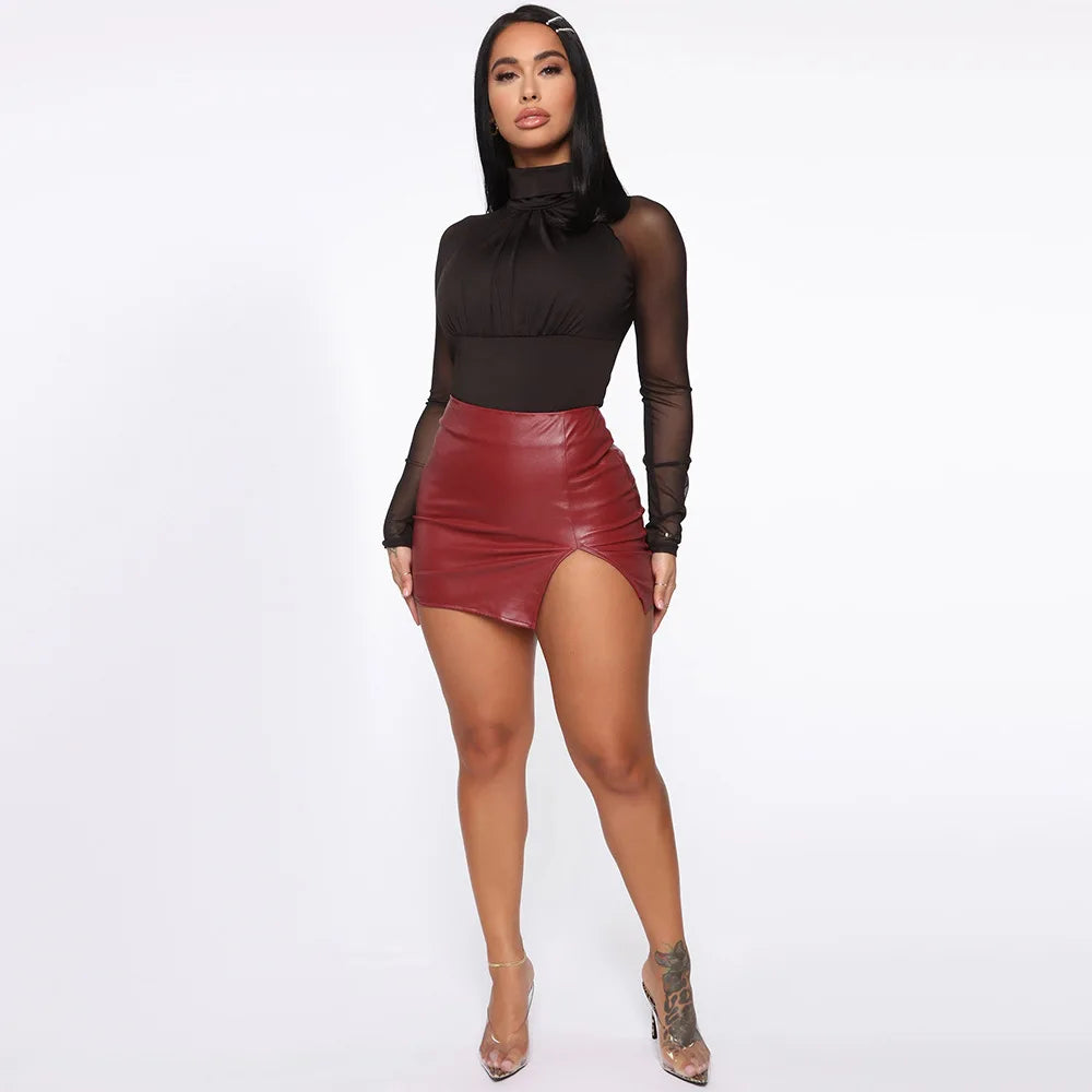 2025 Women Leather Night Clubwear Skirts Summer Pure Color PU-leather Zipper Sexy Hip Leather Mini Skirts