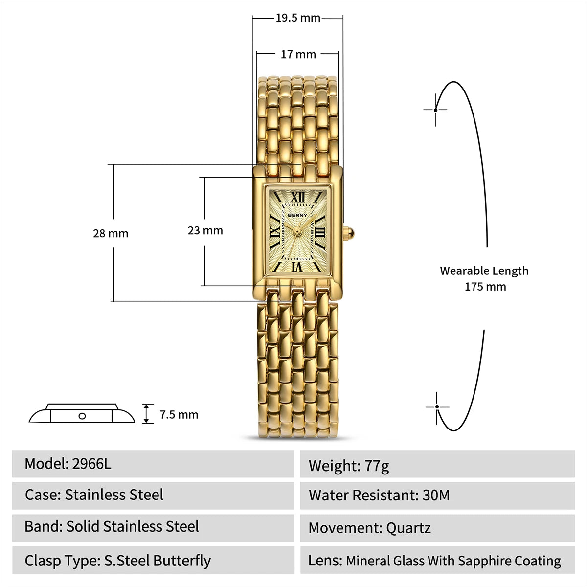 BERNY Luxury Women's Watches Fashion Ladies Square Casual Golden Quartz Watch Solid Stainless Steel Rectangle Girls Wristwatch