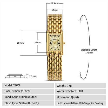BERNY Luxury Women's Watches Fashion Ladies Square Casual Golden Quartz Watch Solid Stainless Steel Rectangle Girls Wristwatch