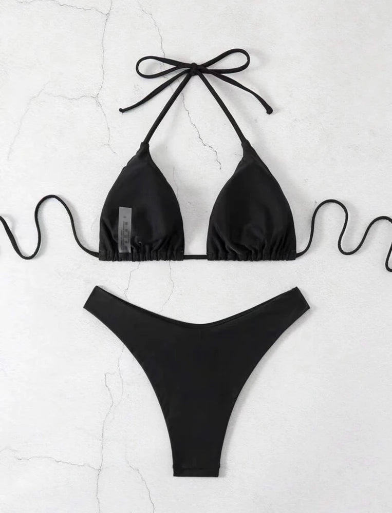 2025 New Bikini Set Women Sexy Simple Solid White/Black/Coffee Halter Bikini Swimsuit Lace Up Brazilian Beach Bathing Suit