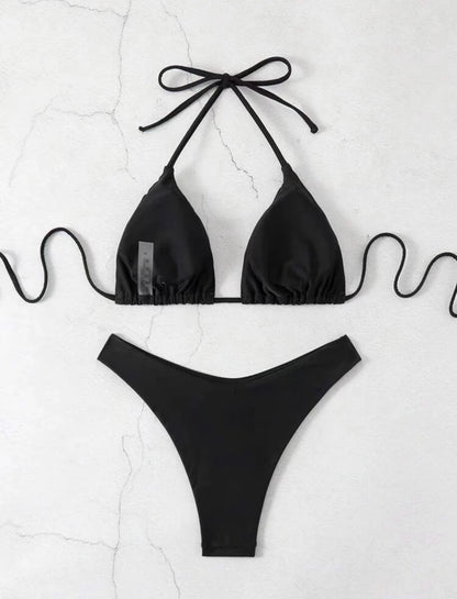 2025 New Bikini Set Women Sexy Simple Solid White/Black/Coffee Halter Bikini Swimsuit Lace Up Brazilian Beach Bathing Suit