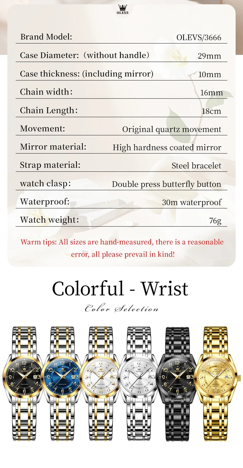 OLEVS 3666 Woman Watches Original Quartz Watch Waterproof Luminous Watches For Woman Gift Chronograph Date Reloj Mujer