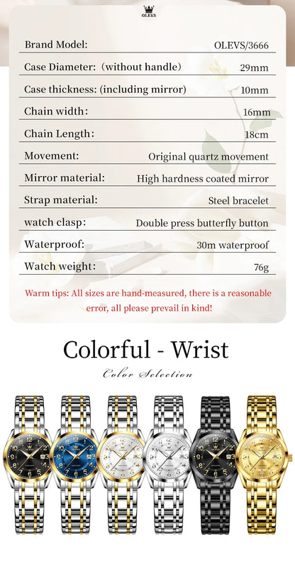 OLEVS 3666 Woman Watches Original Quartz Watch Waterproof Luminous Watches For Woman Gift Chronograph Date Reloj Mujer