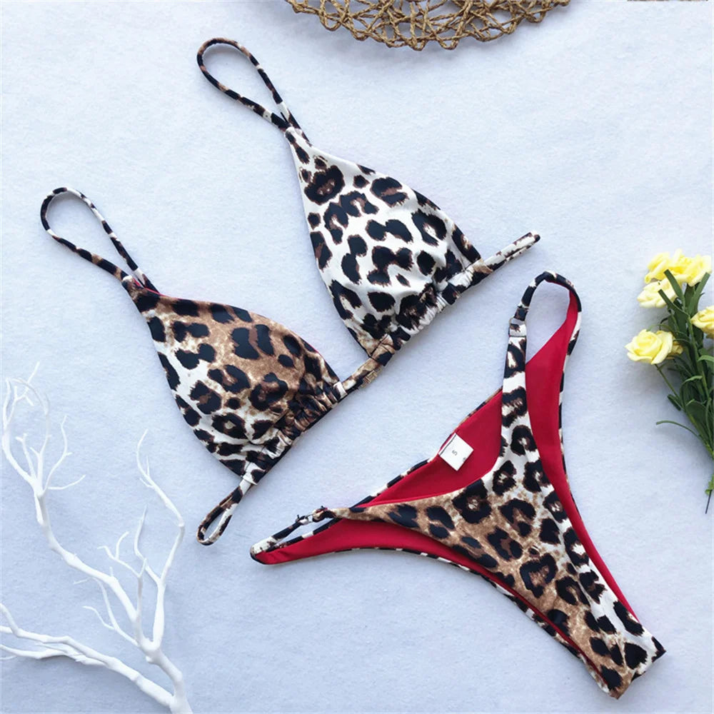 Sexy String Bikini Leopard Print Back Hook Push Up Swimsuit Women Two Piece Swimwear Triangle Thong Brazilian Beach Bathing Suit