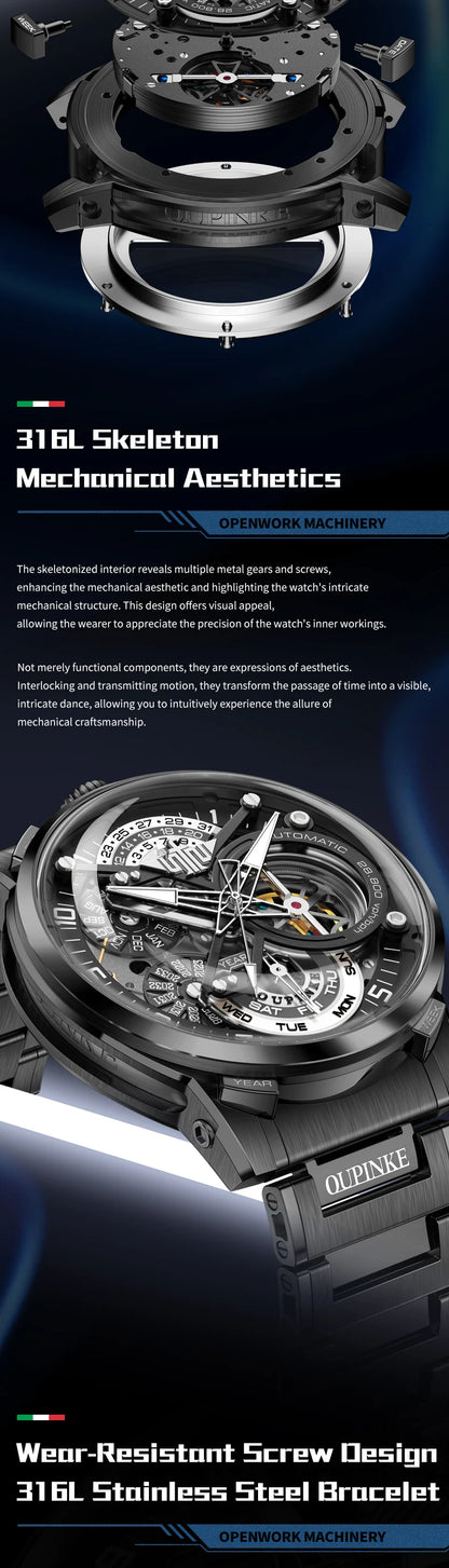 OUPINKE Black Steel Tourbillon Mens Wrist Watches Skeleton Automatic Mechanical Watch Fashion Wrist Watch Mens Sapphire