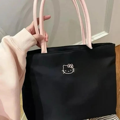 Fashionable womens HelloKitty black tote bag cute cartoon embroidery large capacity shopping bag fashionable womens shoulder bag