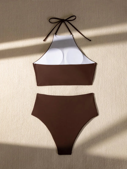 Sexy Halter Pleate Bikini Set 2026 Women Coffee Push Up Crop Top with High Waist Swimsuit Summer Holiday Bathing Suit Swimwear