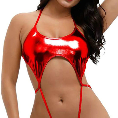 Sexy Halter Sleeveless Monokini Glossy Surface Straps Connection Backless Belly Hollow One-piece Bikini Swimsuit
