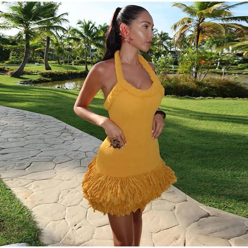 Tassels Hem Twist Strap Knitted Dress Women Sleeveless Backless Slim High Waist Dresses Female Holiday Evening Bodycon Robe