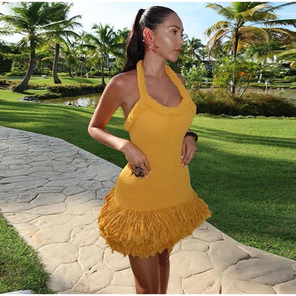 Tassels Hem Twist Strap Knitted Dress Women Sleeveless Backless Slim High Waist Dresses Female Holiday Evening Bodycon Robe