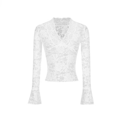 Sexy V-Neck Sheer T-Shirts Fashion Women Flare Long Sleeve Spring Lace Slim Pullovers Tops Casual Evening Party Club Chic Tees