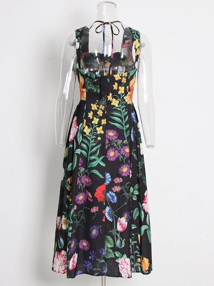 TWOTWINSTYLE Summer Loose Dress For Women Square Collar Sleeveless High Waist Print Colorblock Midi Dresses Female Clothing 2022