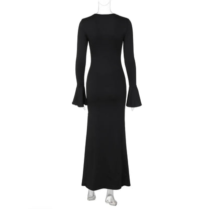 Women Elegant Ruffle Hem White Long Dress Fashion Shirring V-neck Flare Long Sleeve Dresses 2024 New Evening Party Robes Vestido