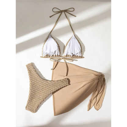 Sexy With Sarong Wrinkled Halter Bikini Female Swimsuit Women Swimwear Three-pieces Bikini set Bather Bathing Suit Swim K5237