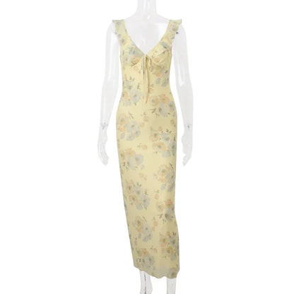 Retro V Neck Dresses Yellow Sleeveless Flower Print  Maxi Long Dress Elegant High Waist Female Holiday Party Vestidos