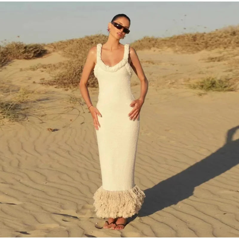 Tassels Hem Twist Strap Knitted Dress Women Sleeveless Backless Slim High Waist Dresses Female Holiday Evening Bodycon Robe