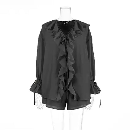 Casual Ruffled Shirt Shorts 2-Piece Set Women V Neck Flare Sleeve Lace-up Loose Blouse Shorts Suit Summer Beach Vacation Outfits