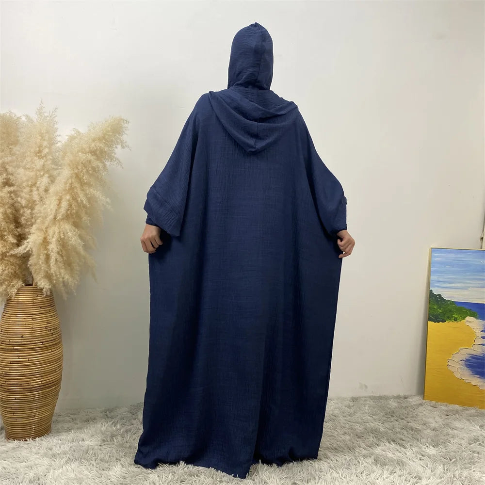 Hot Seller Ramadan Islamic Clothing Wrinkle Polyester Hoodie Abaya Dress With Undercap Muslim Women Abaya Hoodie Causal Dresses