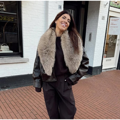 Brown Faux Fur Collar Leather Jacket Women Oversize Design Long Sleeve Coat 2025 Fashion Luxurious Versatile Bomber Outerwear