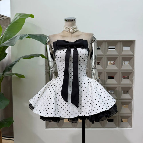 Women Sexy Strapless Backless Polka Dot Bow A Line Dress Party Birthday Evening Ball Gowns Nightclub Show Wear Fashion Vestido