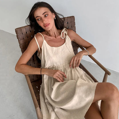 Solid Color Leace-up Spaghetti Strap Dresses Women Fashion Folds A-line Mini Dress Temperament Lady Commuting Short Vestidos New