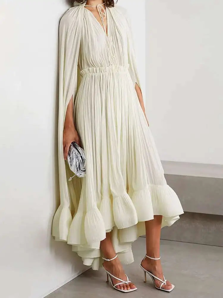 IEQJ Elegant Big Swing Irregular Ruffles Party Maxi Dresses For Women Cloak Sleeves Spliced Lace Up Pleated Dress 2025 New