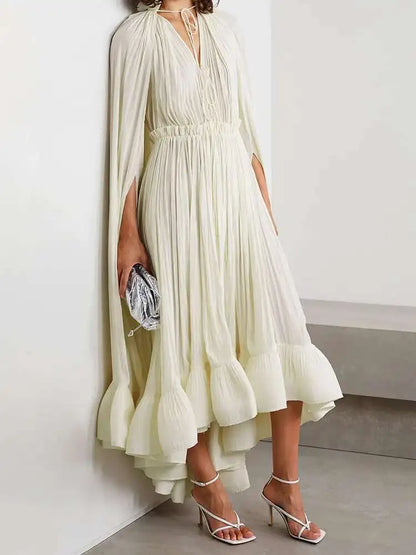 IEQJ Elegant Big Swing Irregular Ruffles Party Maxi Dresses For Women Cloak Sleeves Spliced Lace Up Pleated Dress 2025 New