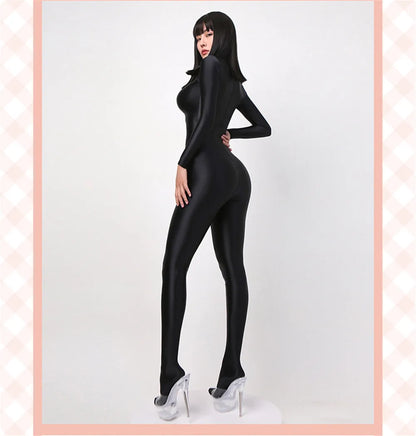 Women Oily Glossy Long Sleeve Elastic Bodysuit Bodycon Rompers One-piece Swimsuit Silky Tights Satin Pantyhose Jumpsuits Thong