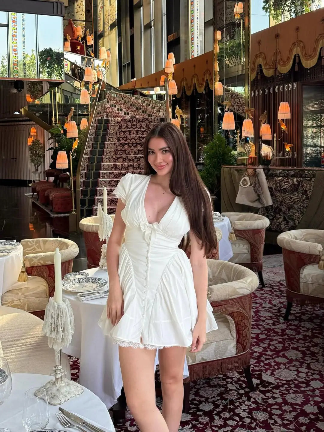 YENKYE Sweet Cute White Mini Dress For Pretty Girl Elegant A-line Bow V Neck Summer Dresses Party Robe Vacation Vestidos 2025