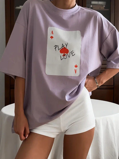 Bornladies 100% Cotton Poker Card Printed T-Shirt Women's Fashionable O-Neck Loose Short Sleeved Female Summer New Casual Top