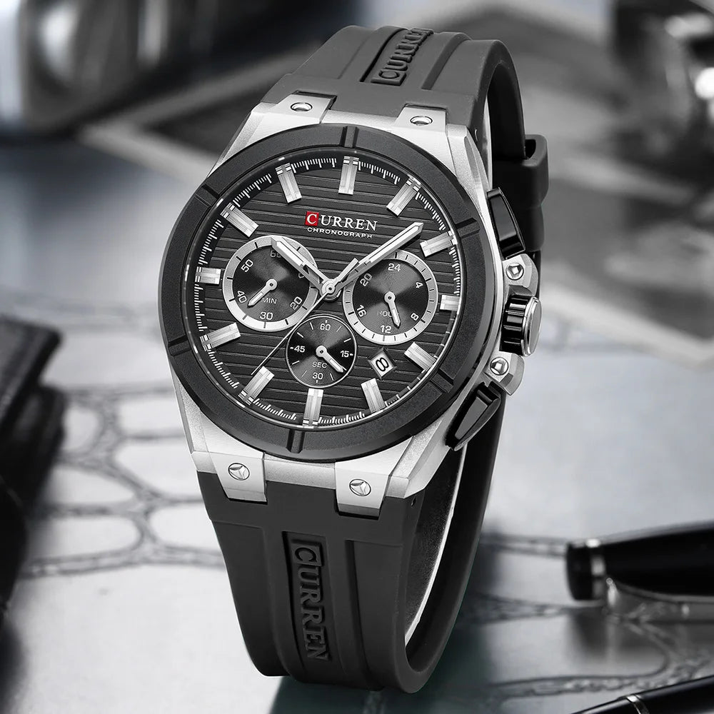 CURREN 8487 Casual Men's Quartz Wristwatch Multifunctional Chronograph Calendar Outdoor Sports Luminous Fashion Watches for Man