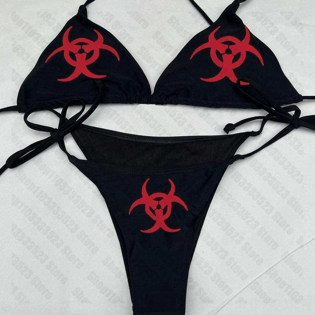 Cool girls Swimwear Women Y2k style Punk Print Bikini Set Sexy Thong Swimsuit Two Pieces Bathing Suit 2000s Gothic Bathing Suit