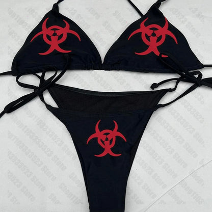 Cool girls Swimwear Women Y2k style Punk Print Bikini Set Sexy Thong Swimsuit Two Pieces Bathing Suit 2000s Gothic Bathing Suit