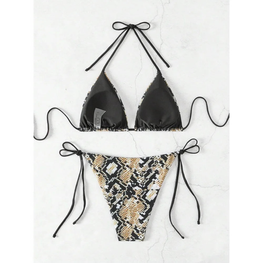 Sexy Leopard Print Two Piece Swimsuit Set Triangle Bra Suspender Halter Backless Bikini Set Beach Vacation Lace-up Swimwear 2025