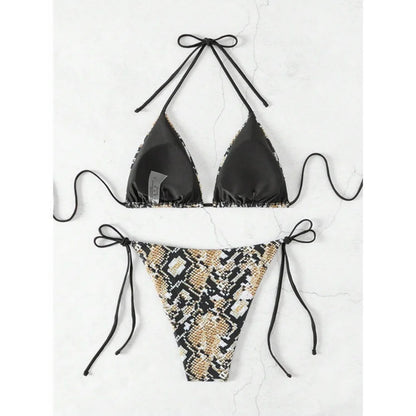 Sexy Leopard Print Two Piece Swimsuit Set Triangle Bra Suspender Halter Backless Bikini Set Beach Vacation Lace-up Swimwear 2025