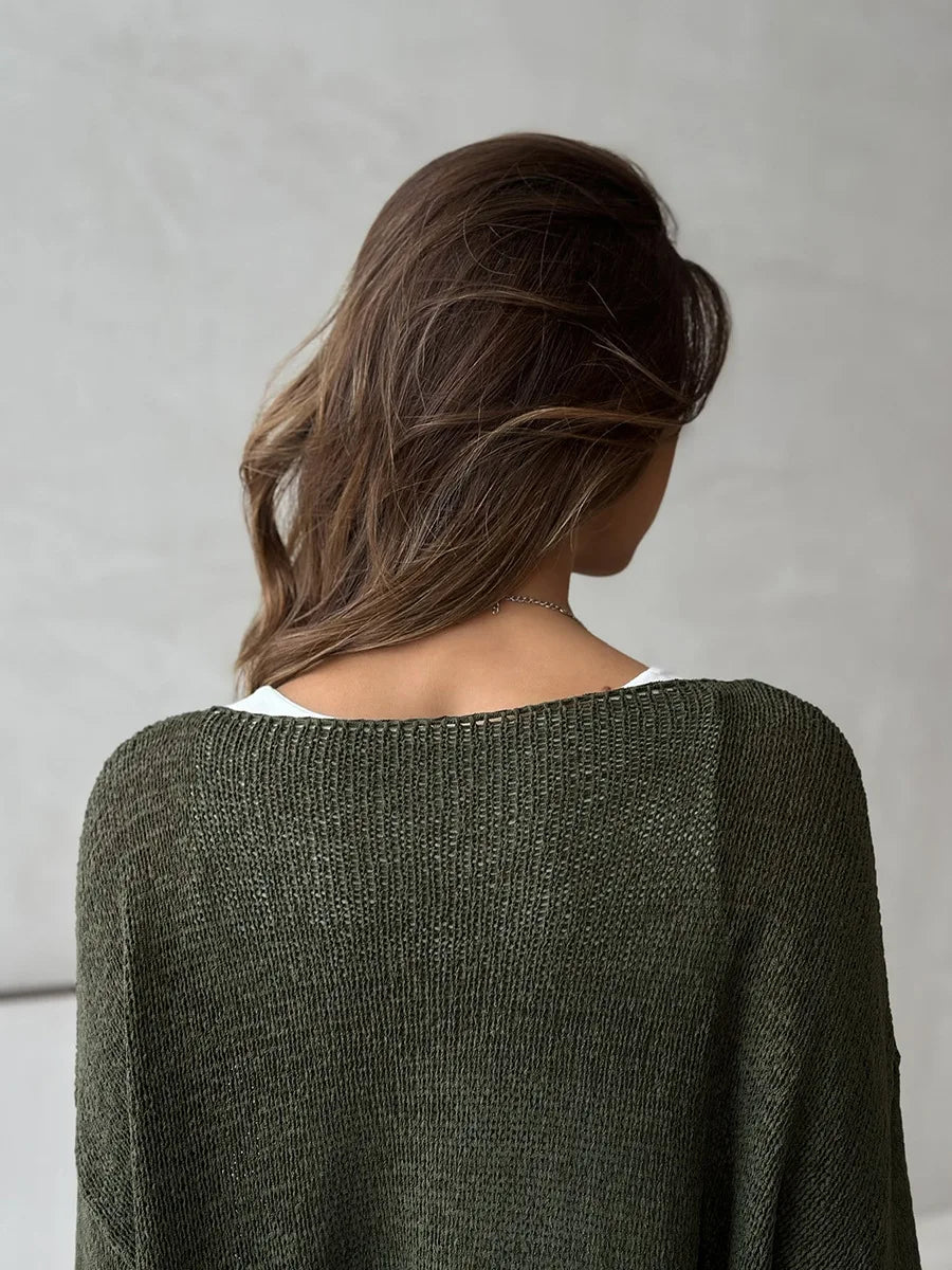 Bornladies Simple Solid Color Long Sleeved Sweater Women's Spring Knitted Hollow Top Loose Versatile Casual Sweater Pullovers