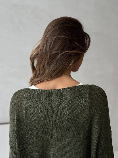 Bornladies Simple Solid Color Long Sleeved Sweater Women's Spring Knitted Hollow Top Loose Versatile Casual Sweater Pullovers