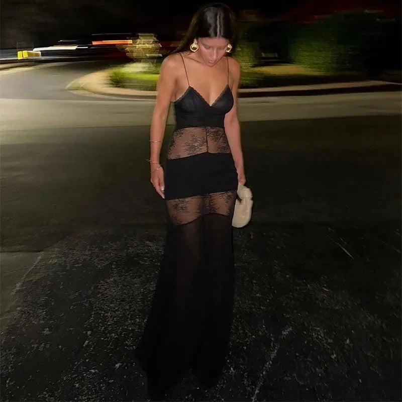 Elegant Lace Spliced Halter Long Dress Women Sexy Backless See Through Female Party Dresses 2025 Summer Lady Chic Evening Gowns